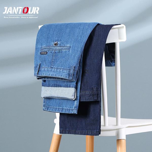 

men's jeans 2021 summer thin 100%cotton men business casual light blue stretch denim pants male father trousers large size 40 42