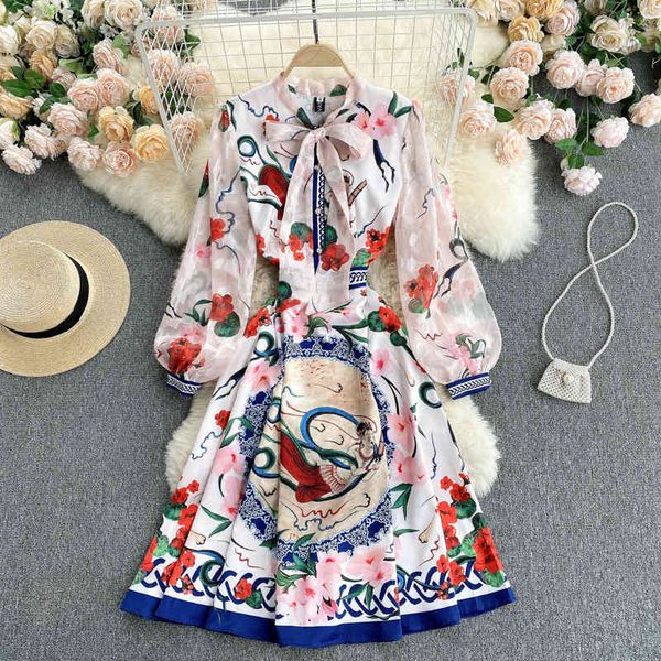 

singreiny women fashion print dress korean sweet bow collar puff sleeve a-line dress spring fashion casual streetwear midi dress 210419, Black;gray