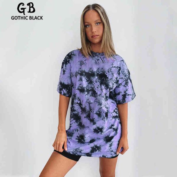 

women's t-shirt gothblack harajuku loose tie dye short sleeve t-shirt gothic women o-neck hip hop long female streetwear casu, White