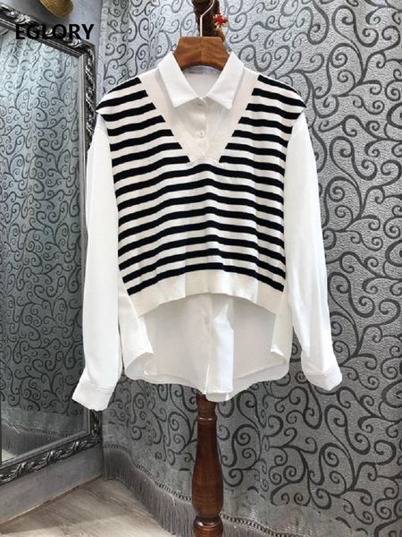 

women's sweaters 2021 autumn winter women turn-down collar striped print knitting cotton patchwork long sleeve casual basic top, White;black