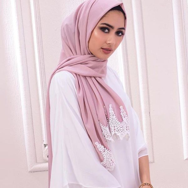 

scarves 10pcs/lot trendy chiffon hijab with embroidered lace magnet pin for muslim scarf solid color shawls headband islamic foulard, Blue;gray