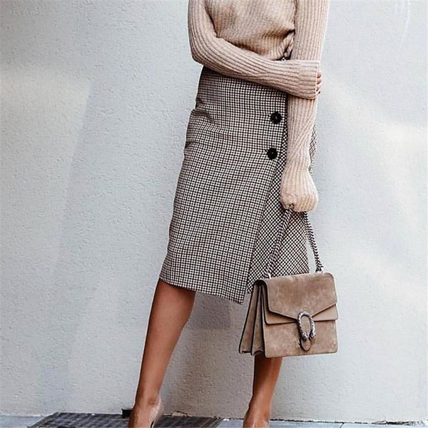 

skirts autumn models women's temperament lady khaki houndstooth long skirt button, Black