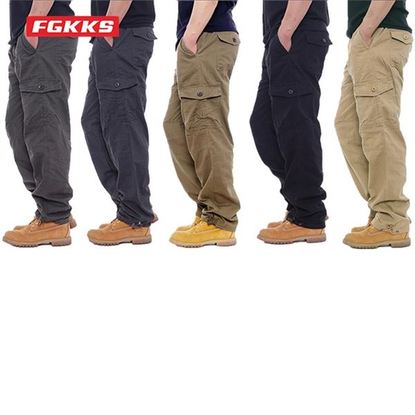 

men's pants fgkks men multi-pocket cargo zipper pure cotton straight leg loose casual solid color construction, Black