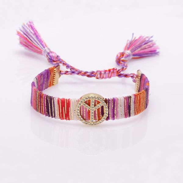 

5pcs/lot white cz paved peace sign adjustable soft cotton silk tassel tail wristband charm bracelet daily jewelry for woman bracelets, Golden;silver