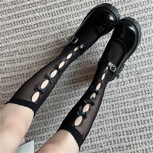 Desenhos meias japonesa menina doce xadrez de veludo artesanal bowknot buraco oco net meias meias branco / preto meias bonitos