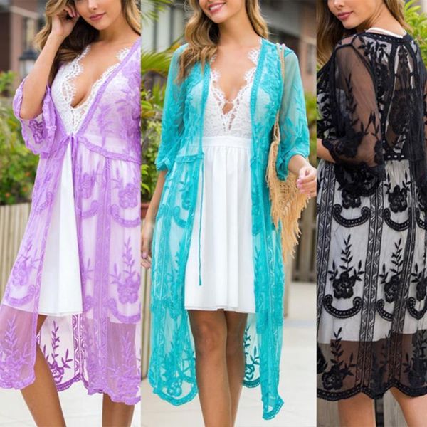 

women's swimwear s women lace flower flare sleeve see through long cardigan bikini outer cover up, White;black