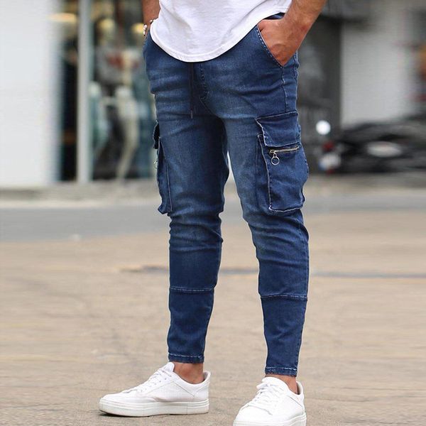 

2021 new autumn mens stretch slim fit jeans casual fashion pocket denim trousers daily men jeans street style hip hop pants bk, Blue