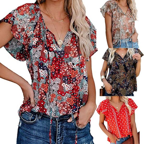 

women's blouses & shirts women casual floral print chiffon v-neck 2021 fashion girls loose streetwear clothing euro style, White