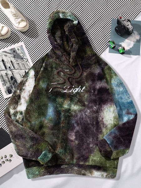 

men tie dye drawstring flannel hoodie 758h#, Black