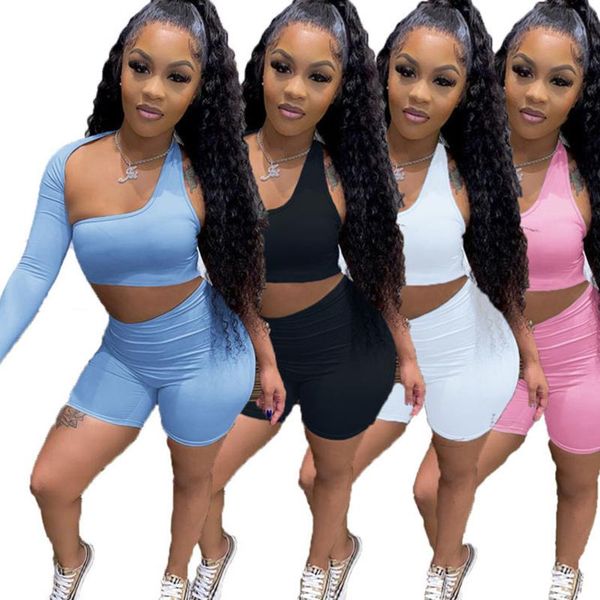

women's tracksuits biker shorts 2 piece set summer short sleeve collarless casual jogger cycling woman clothes, Gray