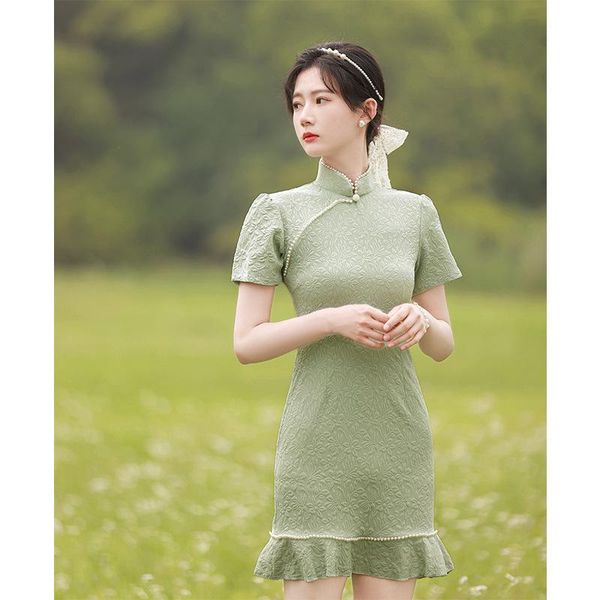 

ethnic clothing cheongsam 2021 summer chinese retro style elegant solid color pearl neck short sleeve slim qipao gentle sweet girls dre, Red