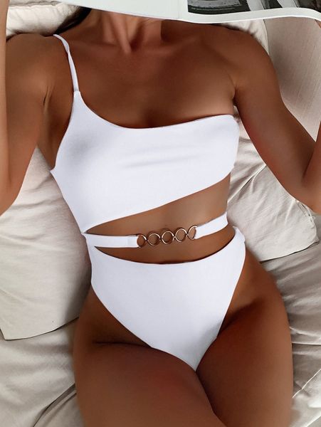 

solid ring linked cut-out waist one piece swimsuit x77j#, White;black