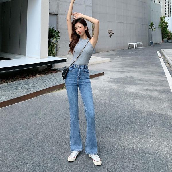 

women's jeans slim fit women splits at hem high waist cotton elastic, Blue