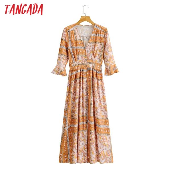 Mulheres verão flores impressão boho estilo v pescoço manga curta senhoras maxi vestido vestidos sy213 210416