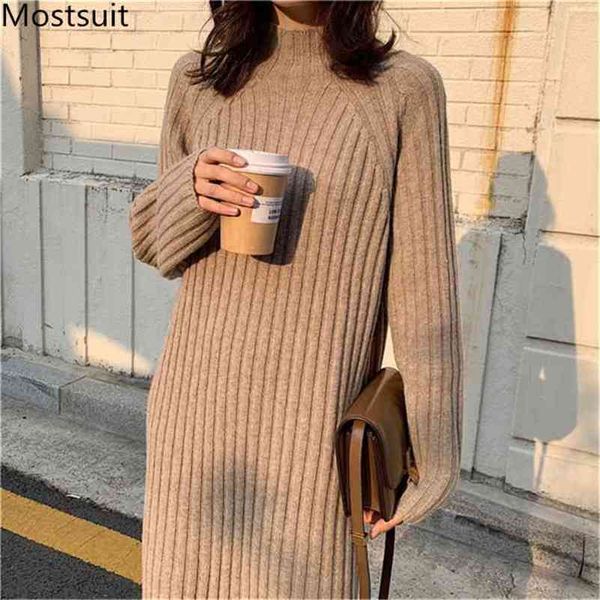 Plus Größe Herbst Winter Gestrickte Rollkragenpullover Kleid Frauen Langarm Casual Mode Koreanische Mid-länge Kleider Vestido 210513