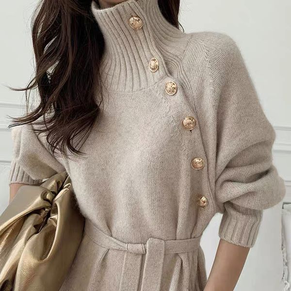 

2021 autumn and winter new high neck pullover sweater mid-length temperament jumpsuit knitted dress lace up over-the-knee woolen skirt, White