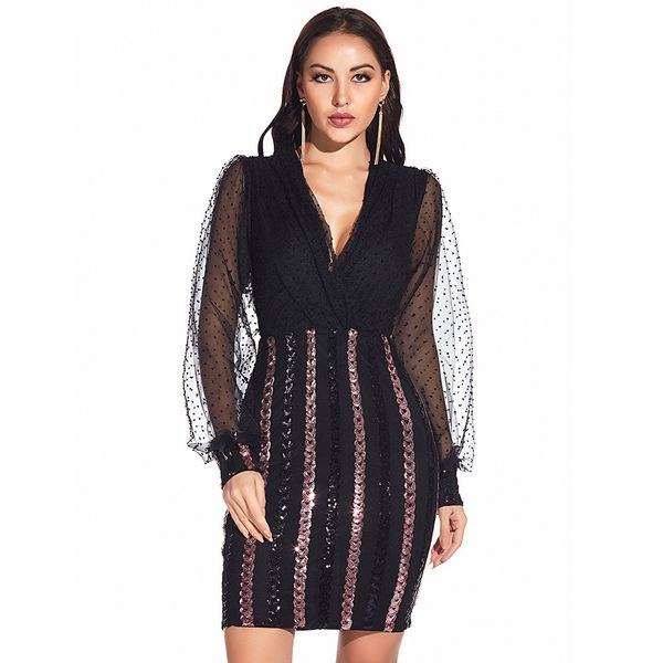 

fashion dress women's long sleeve sequin v-neck nightclub skirt, Black;pink