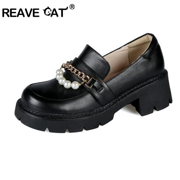 

dress shoes reave cat women pumps pu leather fashion spring high platform thick heel woman retro office lady footwear autumn, Black