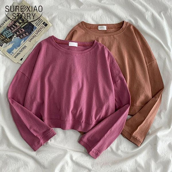 

women's hoodies & sweatshirts early autumn korean style simple solid cotton short sweetshirts loose casual o-neck thin plus size women, Black
