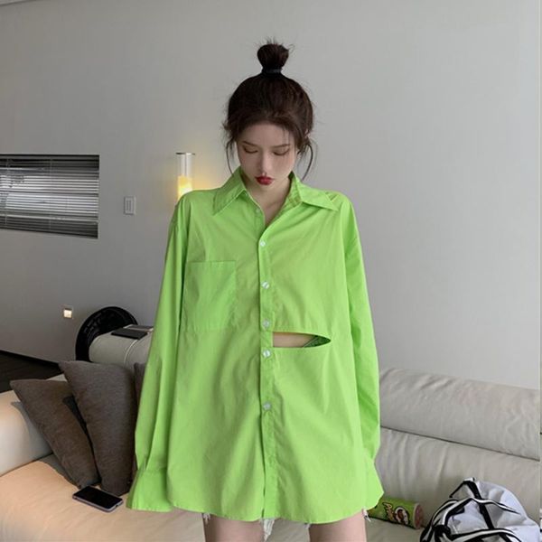 

women's blouses & shirts fashion personality harajuku blusas hollow out turn-down collar shirt women 2021 summer korean loose long slee, White