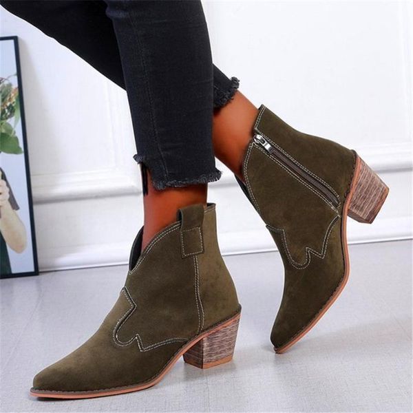 

boots casual women's 2021 autumn fashion pointed toe solid flock wooden thick heels pumps ladies work zipper, Black