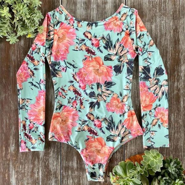 

one-piece suits swimwear women print floral 2021 one piece swimsuit long sleeve bathing suit retro ruffle strappy vintage beachwear surfing