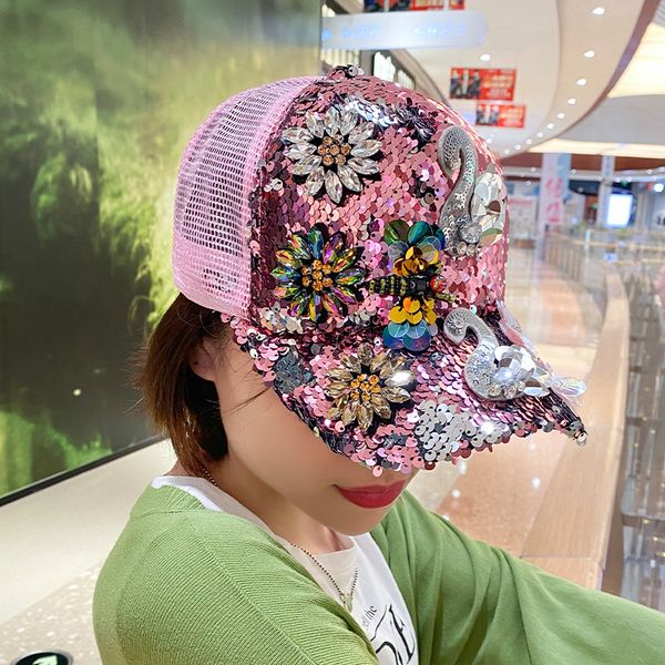 

trendy fashion diamond-studded sequin cap luxury high-end quality sunshade outdoor sun reflective summer thin ladies breathable baseball hat, Blue;gray