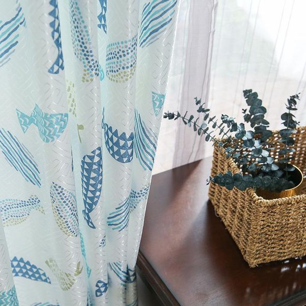 

curtain & drapes ocean simple and fresh cartoon wind jacquard printed fish shading cloth curtains for living room bedroom children's