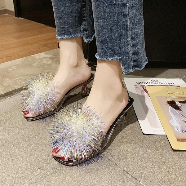 

lucyever female sandals womens shoes summer fashion bling tassel ladies open toe high heels party slides 2021, Black