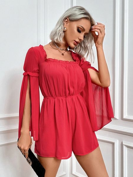 

eilly bazar slit sleeve frilled square neck romper r5v6#, White