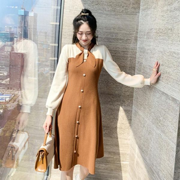 

casual dresses elegant scarf collar knitting women autumn splicing long sleeve single breasted over the knee sweet a-line dress, Black;gray