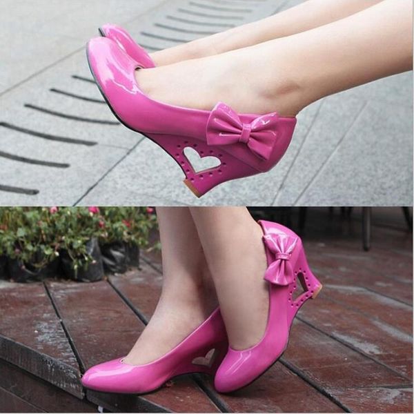 

dress shoes fashion women single with bow elegant sweet 2021 spring and autumn heel candy color patent leather hollow wedge, Black
