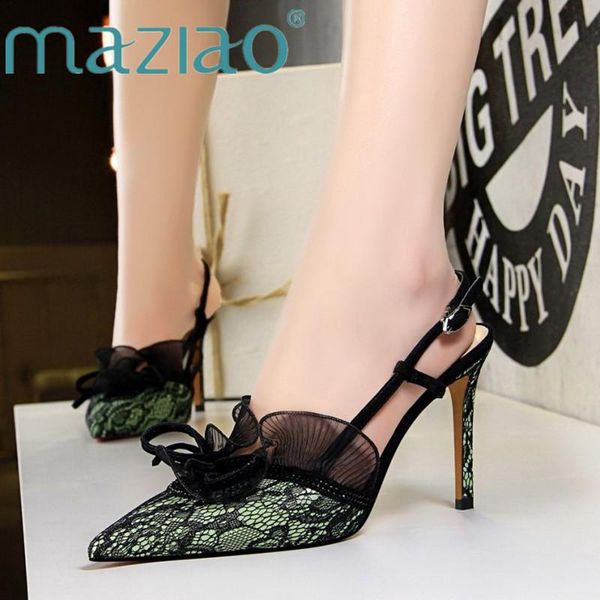 

dress shoes maziao summer women thin high heels sandals black mesh pointed toe buckle lace ruffles femme party slingbacks pump