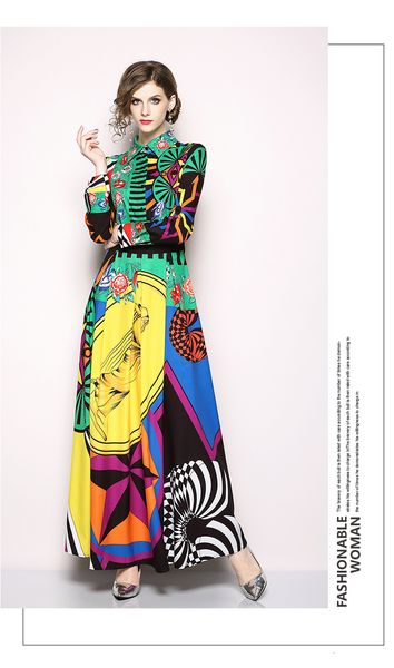 

casual dresses runway maxi fashion summer style women full sleeve turn-down collar vintage print long vestidos 1zp2, Black;gray