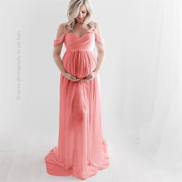 

strapless maternity chiffon long dresses split open front for po shooting white pregnancy maxi dress 210721