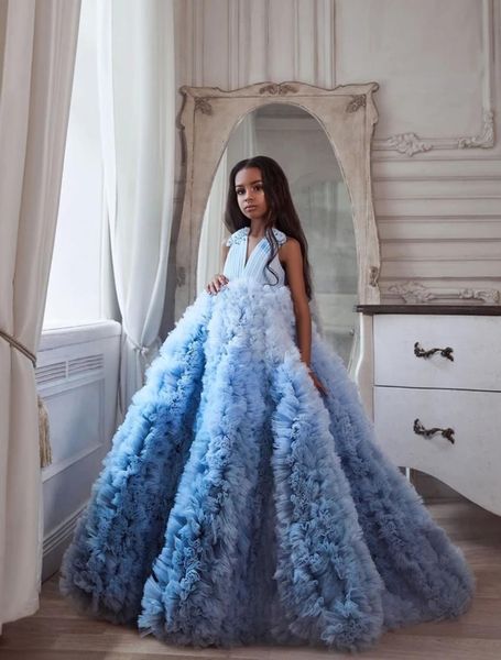 

girl's dresses blue tiered tulle ball gowns ruffles puffy first communion pleated v-neck beaded sleeveless princess dress 2021, Red;yellow