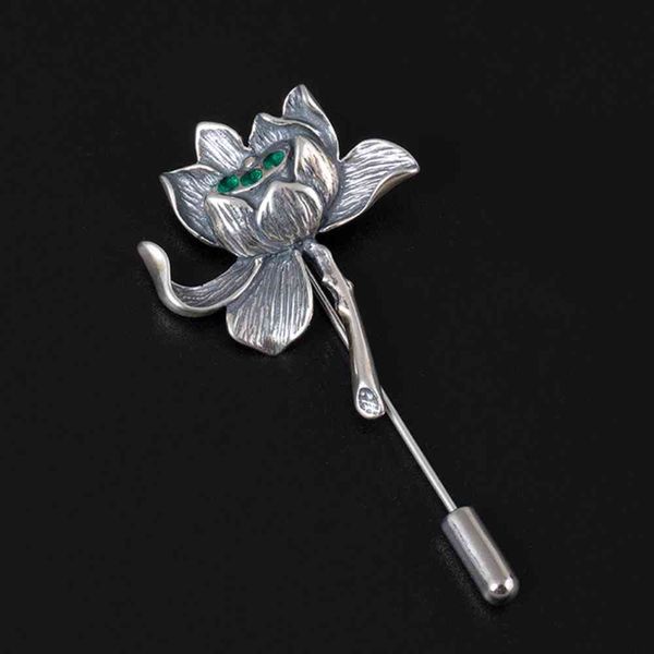 Personalisierte antike 925 Sterling Silber Blumenschmuck Anstecknadel grüner Zirkon Lotus Herren Anzug Accessoires Hochzeitsbrosche