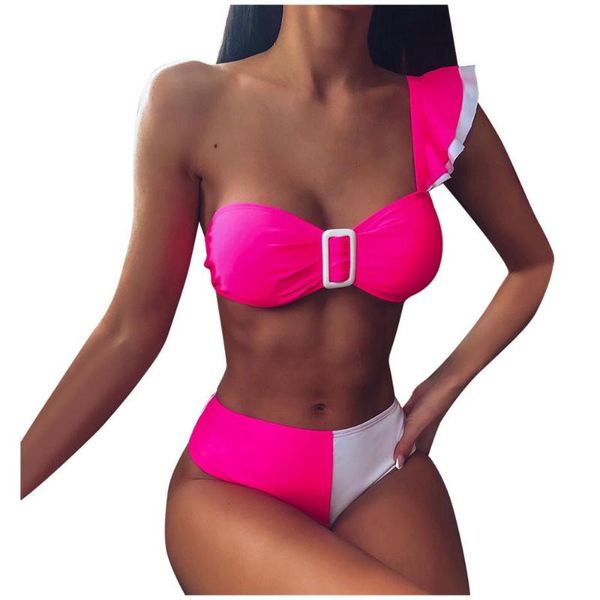 

women patchwork ruffles buckle bikini push-up padded swimwear swimsuit set summer outdoor swimming clothing 2021 one-piece suits