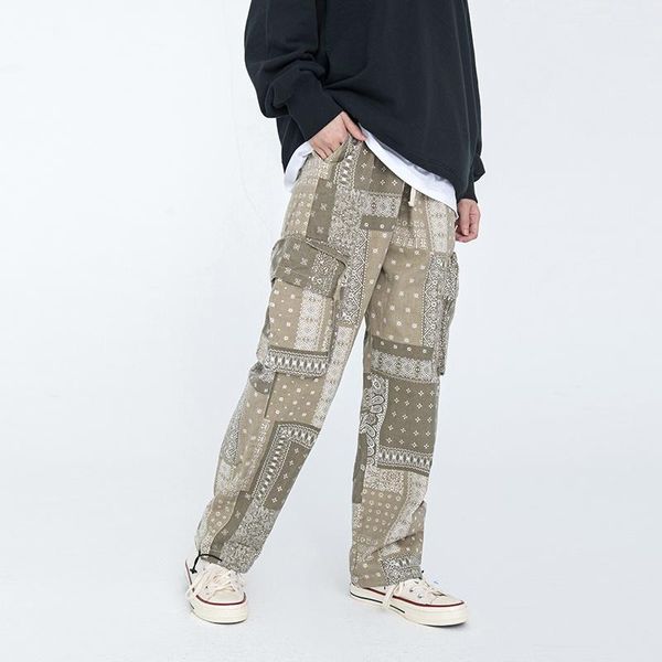 

men's pants pockets cashew print overalls men and women drawstring streetwear casual cargo baggy oversize harajuku track, Black