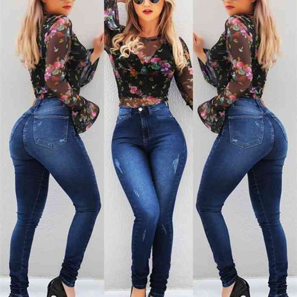 

women ripped push up jeans high waist skinny butt lifting elastic pencil black jeans ladies casual denim calca jeans pants, Blue