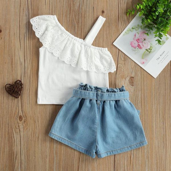 

clothing sets toddler baby girls 2pcs summer lovely outfits strap one shoulder ruffle sleeveless button belted denim shorts casual set, White