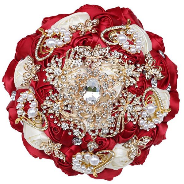

gold diamond bride and bridesmaid bouquets pearl rhinestone ribbon diy bouquet wine red wedding church decoration w796 decorative flowers &