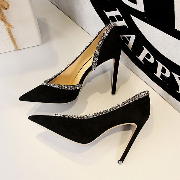 

dress shoes european and american-style fashion evening ultra-high-heel suede shallow v mouth rhinestone side cut-out shoes, Black