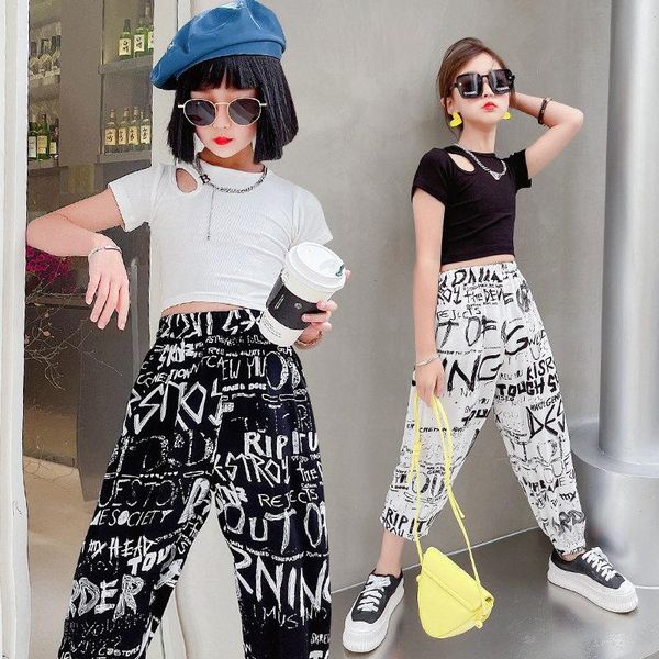 

clothing sets cool teen girls summer crop and pants letter print fashion thin two-pieces streetwear outfits kids 5-14yrs, White