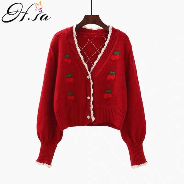 

h.sa women knit cardigans cherry embroidery casual sweater poncho cute ruffles knit jacket argyle fruit women clothing 210716, White;black