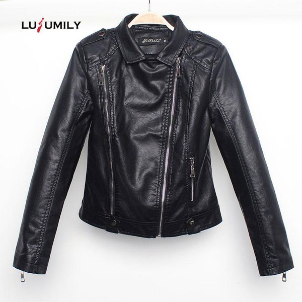

women's leather & faux lusumily short pu jacket women zipper motorcycle outwear spring autumn coat female slim soft basic jackets, Black