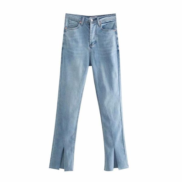 

women's jeans 2021 women fashion solid color slim high waist zipper the trousers slit design pants streetwear, Blue