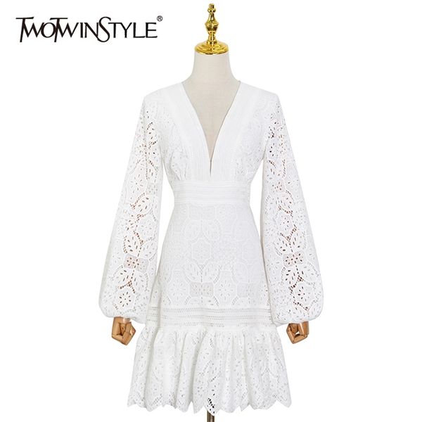 Vestido de laço de retalhos brancos vintage para mulheres v pescoço lanterna manga longa alta cintura mini vestidos feminino moda 210520