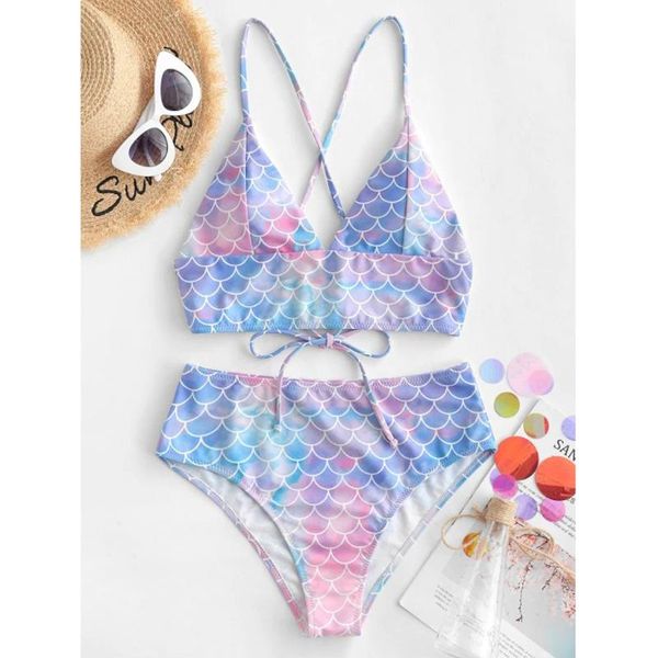 

bras sets jaycosin women's two piece filled bra split fish scale print bathing female summer lingerie beachwear high waist 19nov29, Red;black