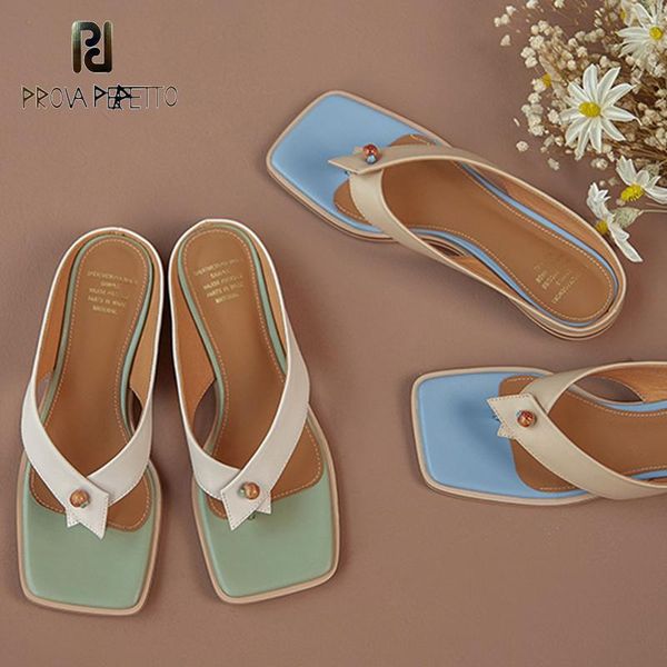 

summer style retro color matching square toe leather flat flip flops unique fashionable high-end slippers women, Black